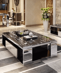 Bàn trà phòng khách, khung inox mạ vàng - Mẫu PK00015